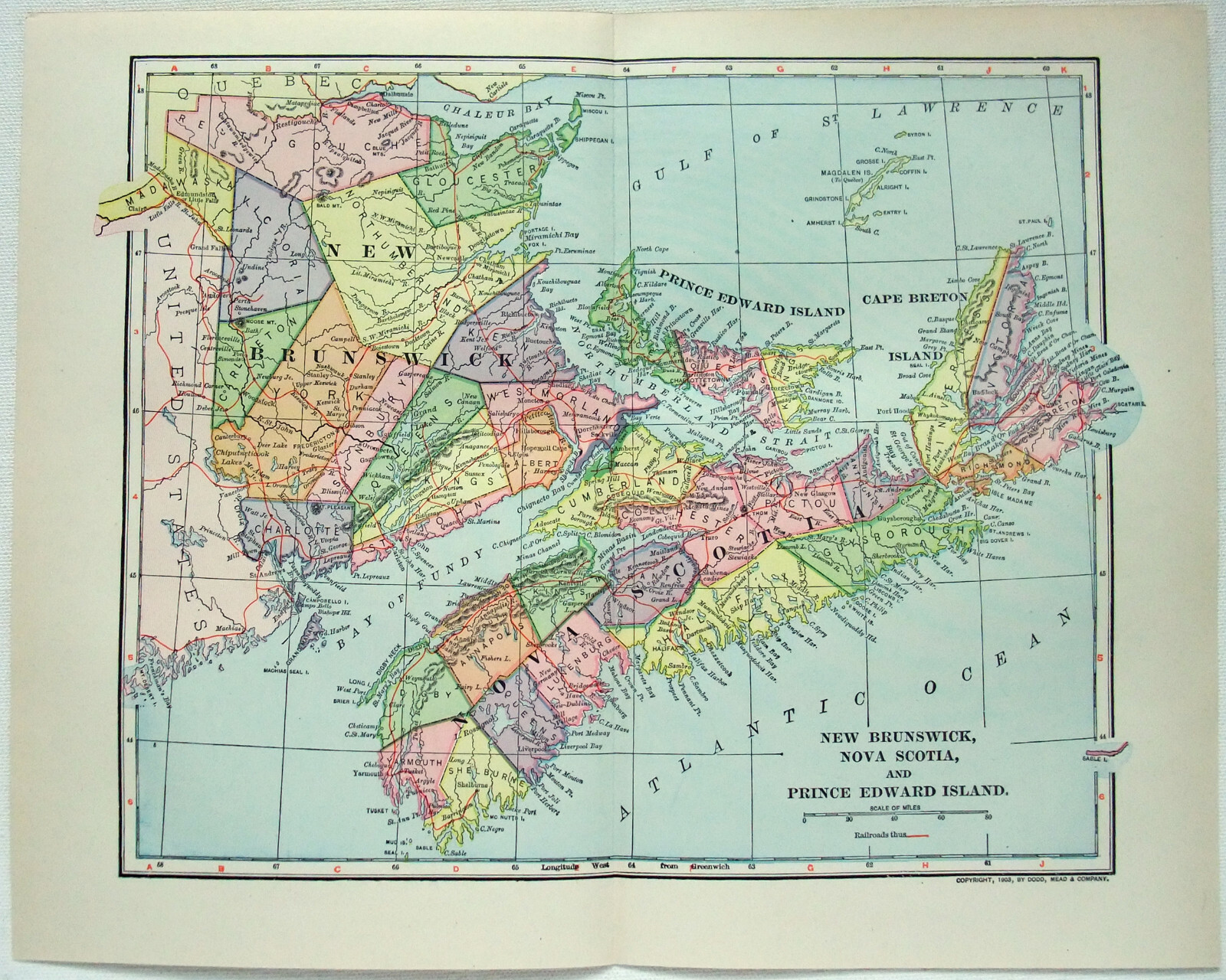 Original 1903 Map of New Brunswick, Nova Scotia & PEI Canada by Dodd Mead & Co