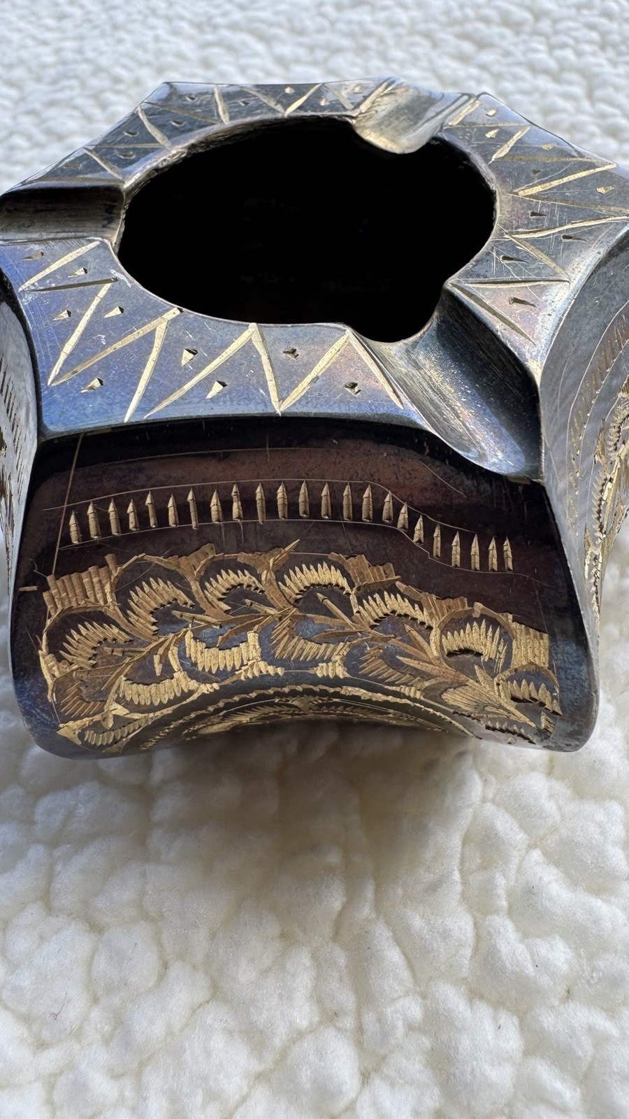 Hand-carved hexagonal brass ashtray