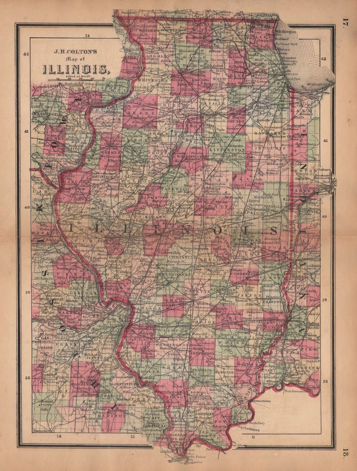 J. H. Colton’s map of Illinois 1864 old antique vintage plan chart