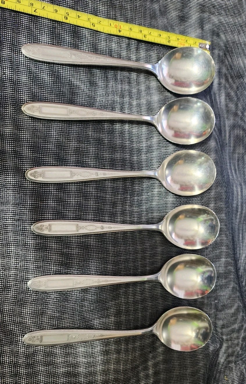 👌LOT OF 6 NICE c1923 GROSVENOR PATTERN SILVERPLATED “7 1/4” GUMBO SOUP SPOONS🥣