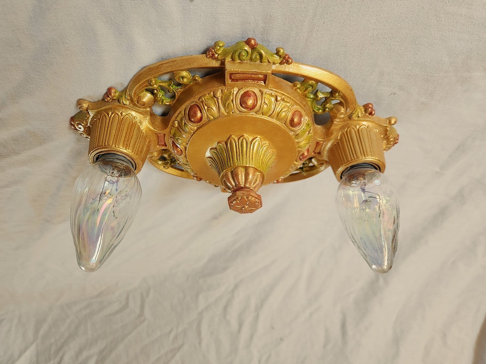 ANTIQUE DECO RIDDLE FLUSH MOUNT CAST METAL CHANDELIE CEILING FIXTURE 1930’s