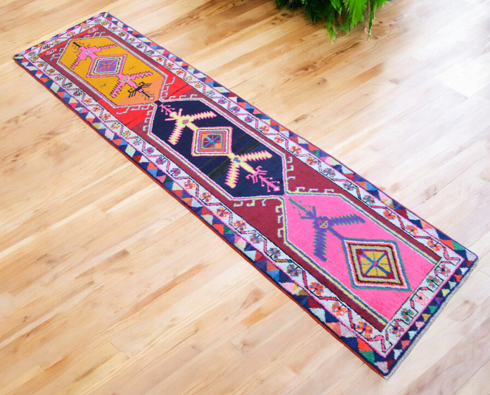 Vintage Turkish Runner Rug with Vivid Colors, Bold Patterns -1970s Hallway Decor