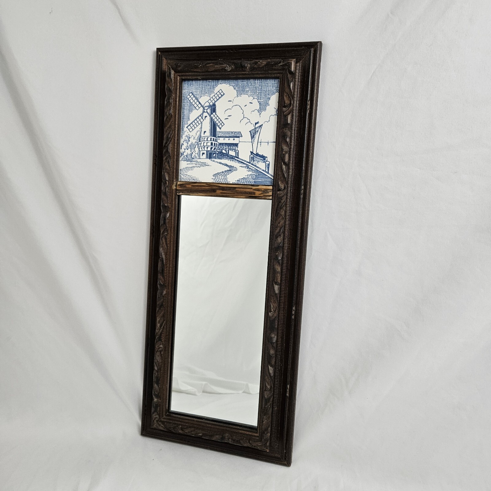 Delft Blue Trumeau Mirror Vintage Ceramic Tile Dutch Windmill Motif Wood Frame