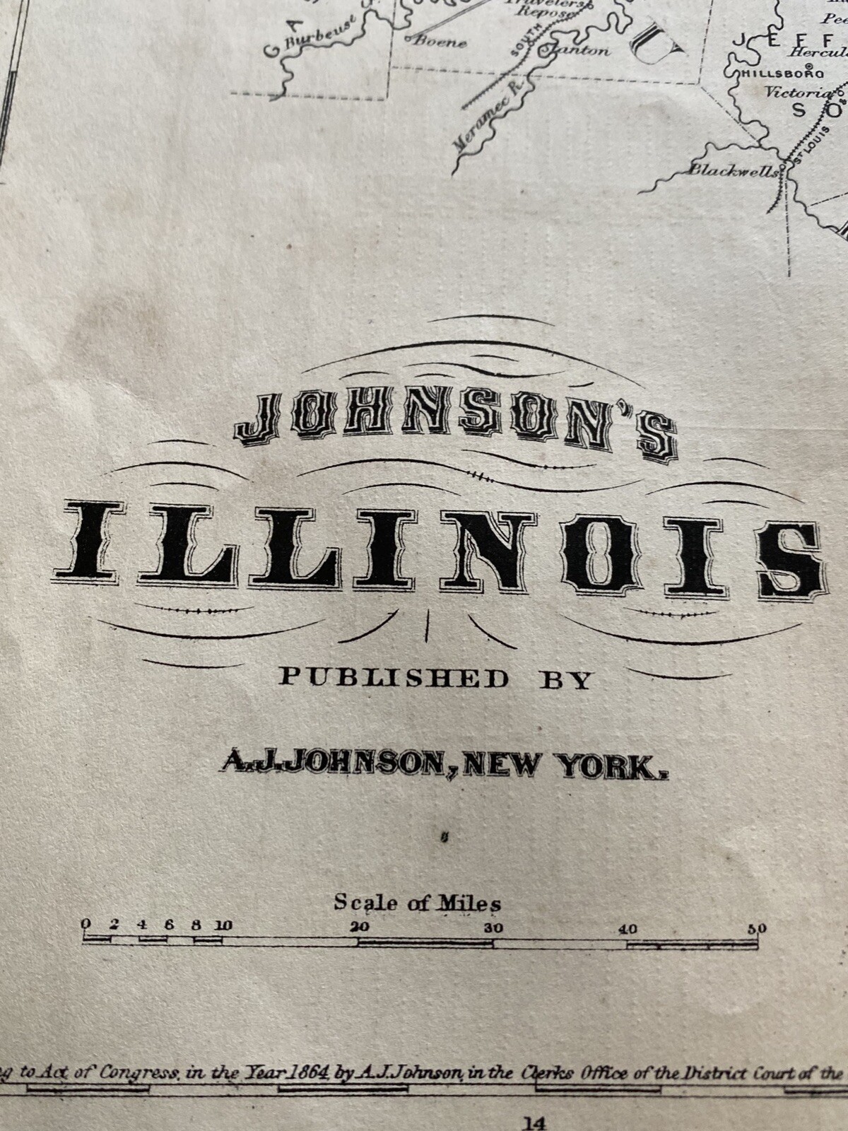 Rare 1867 ILLINOIS Map w/ Colored Counties ~ 24.25″ x 17.75″ ~ A.J. Johnson Map