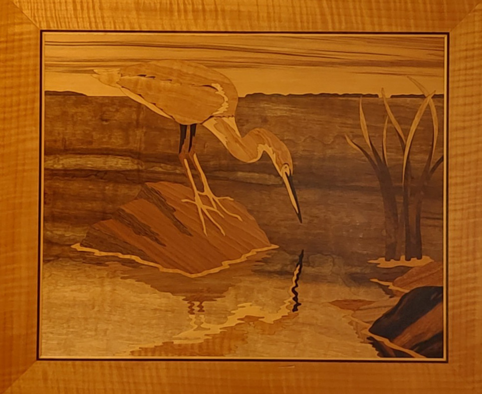 HUDSON RIVER INLAY PICTURE – WHITE HERON – WOOD MARQUETRY – 24 X 28