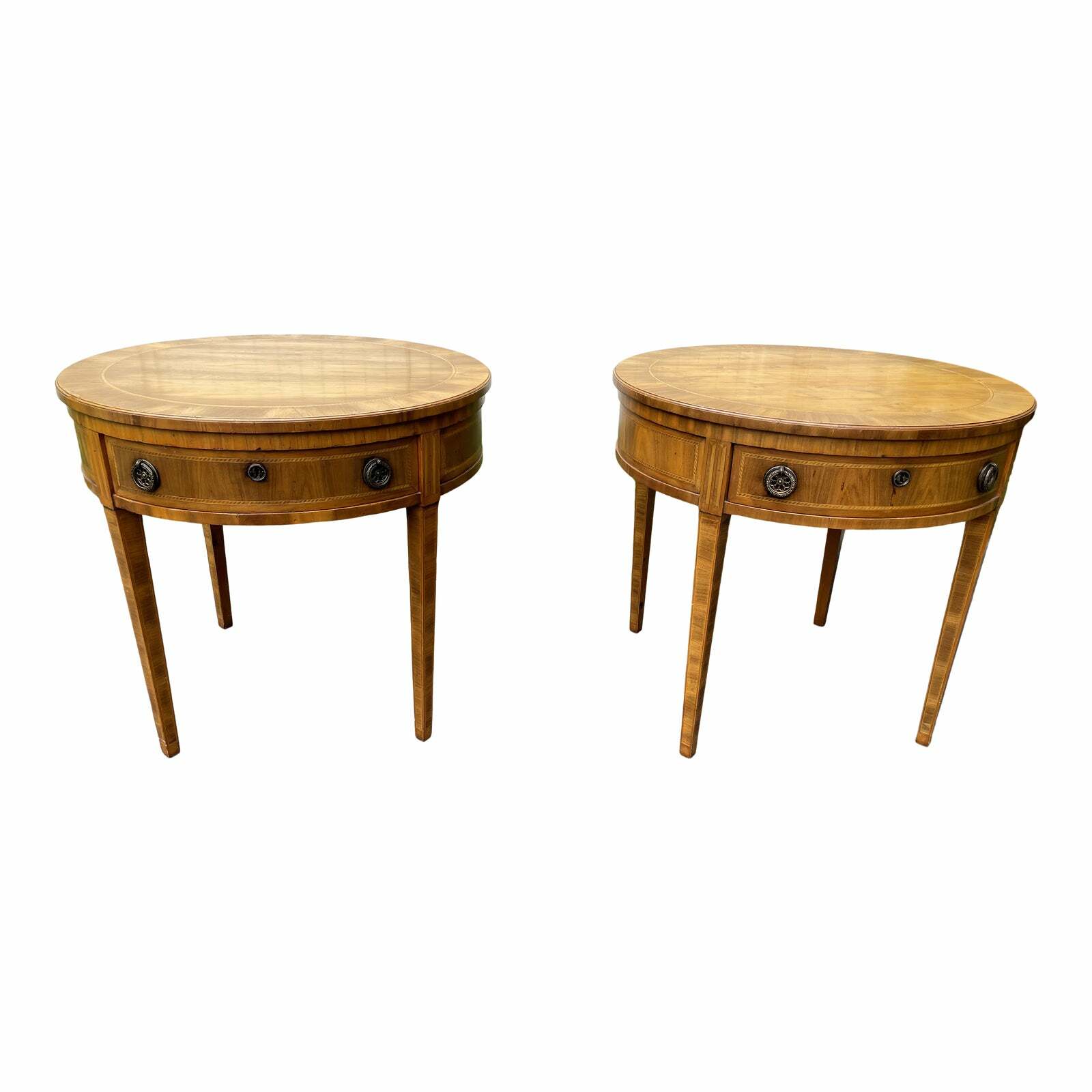 Alfonso Marina Ebanista Inlaid Fruitwood Drum Side Table—A Pair