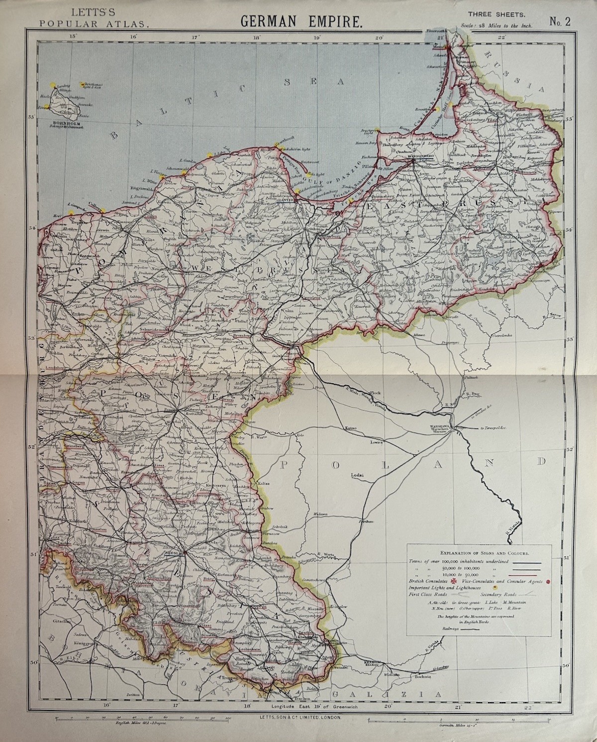 1883 Prussia Original Antique Colour Map by Letts