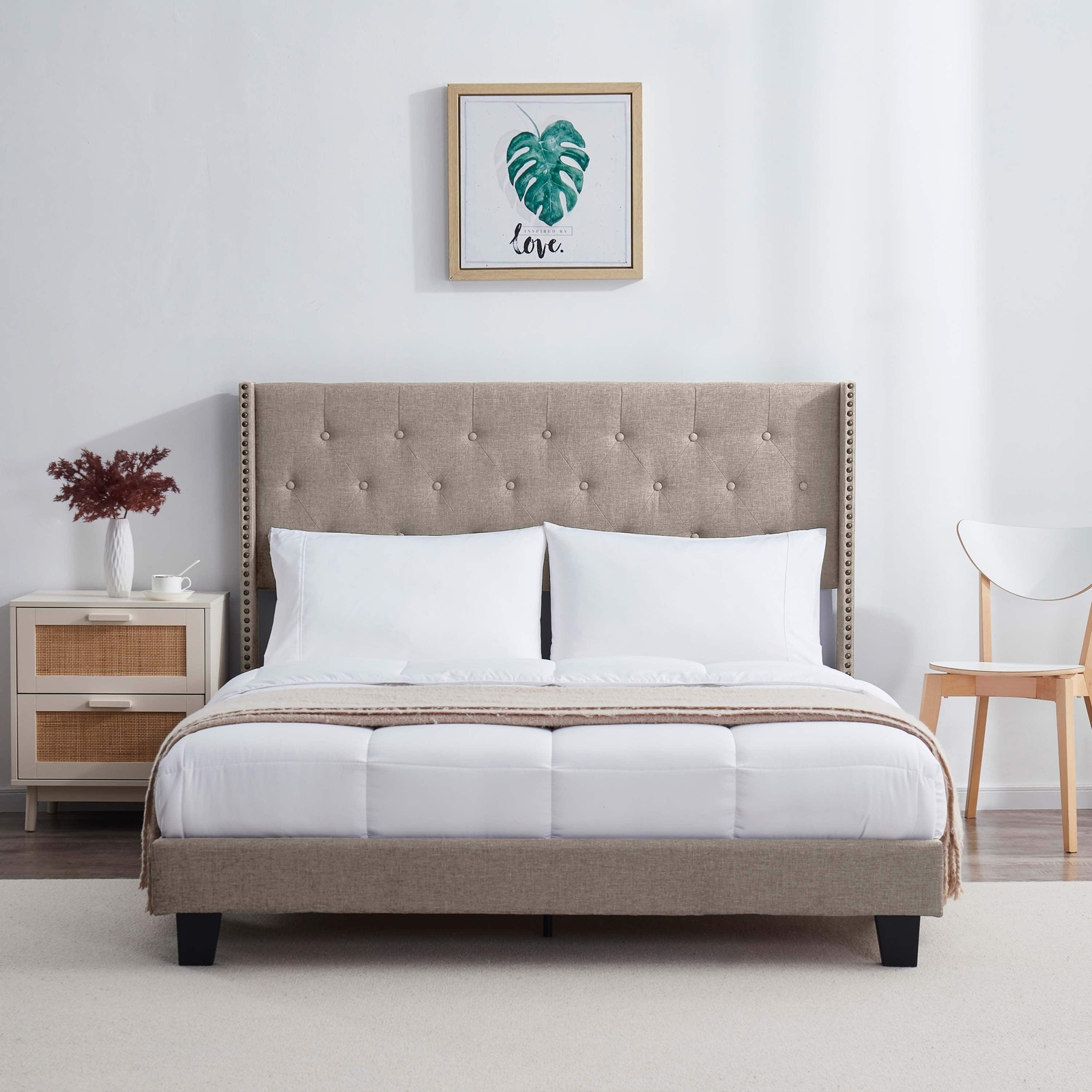 Wingback Diamond Upholstered Bed Frame, Button tufted w/diamond design Headboard