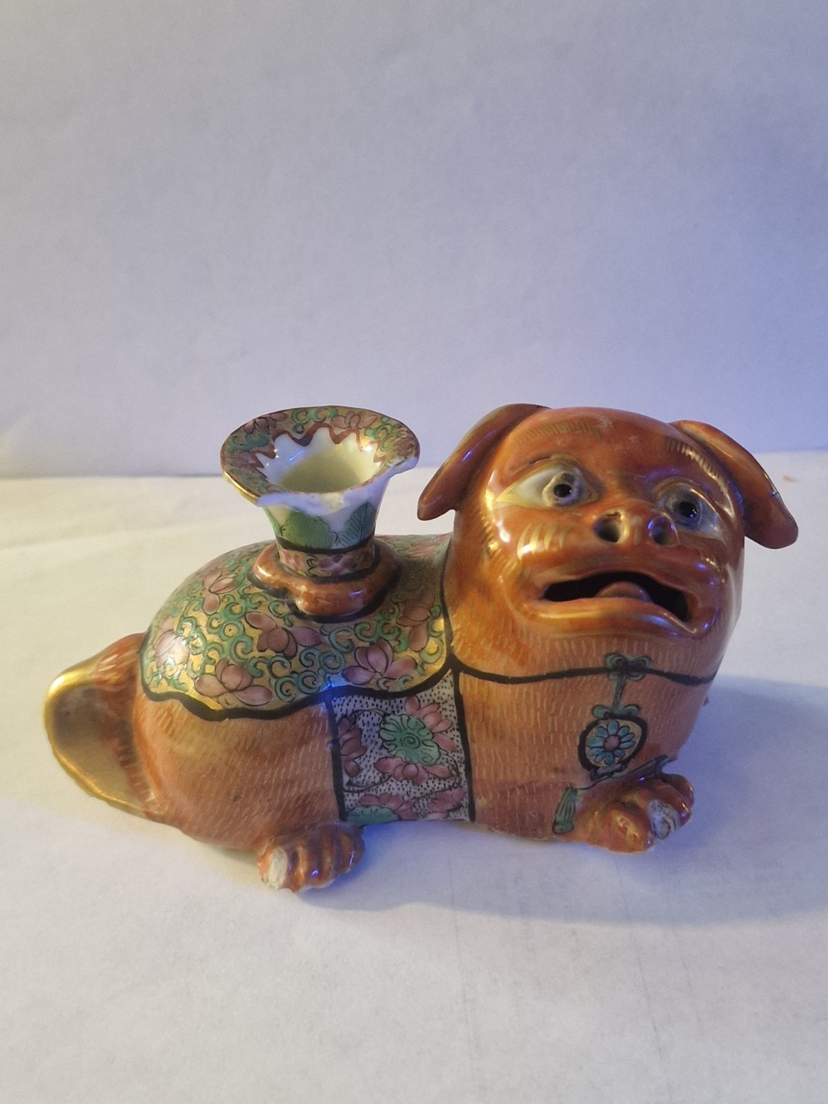 Ming Dynasty Famille Rose Export Chinese Foo Dog Lion candle Holder Antique A/F