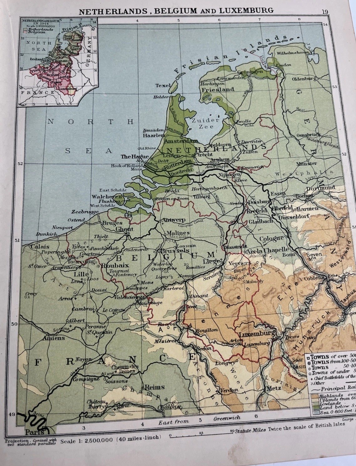 1923: Map Netherlands Belgium & Luxembourg Luxemburg Physical BC #19 Antique old