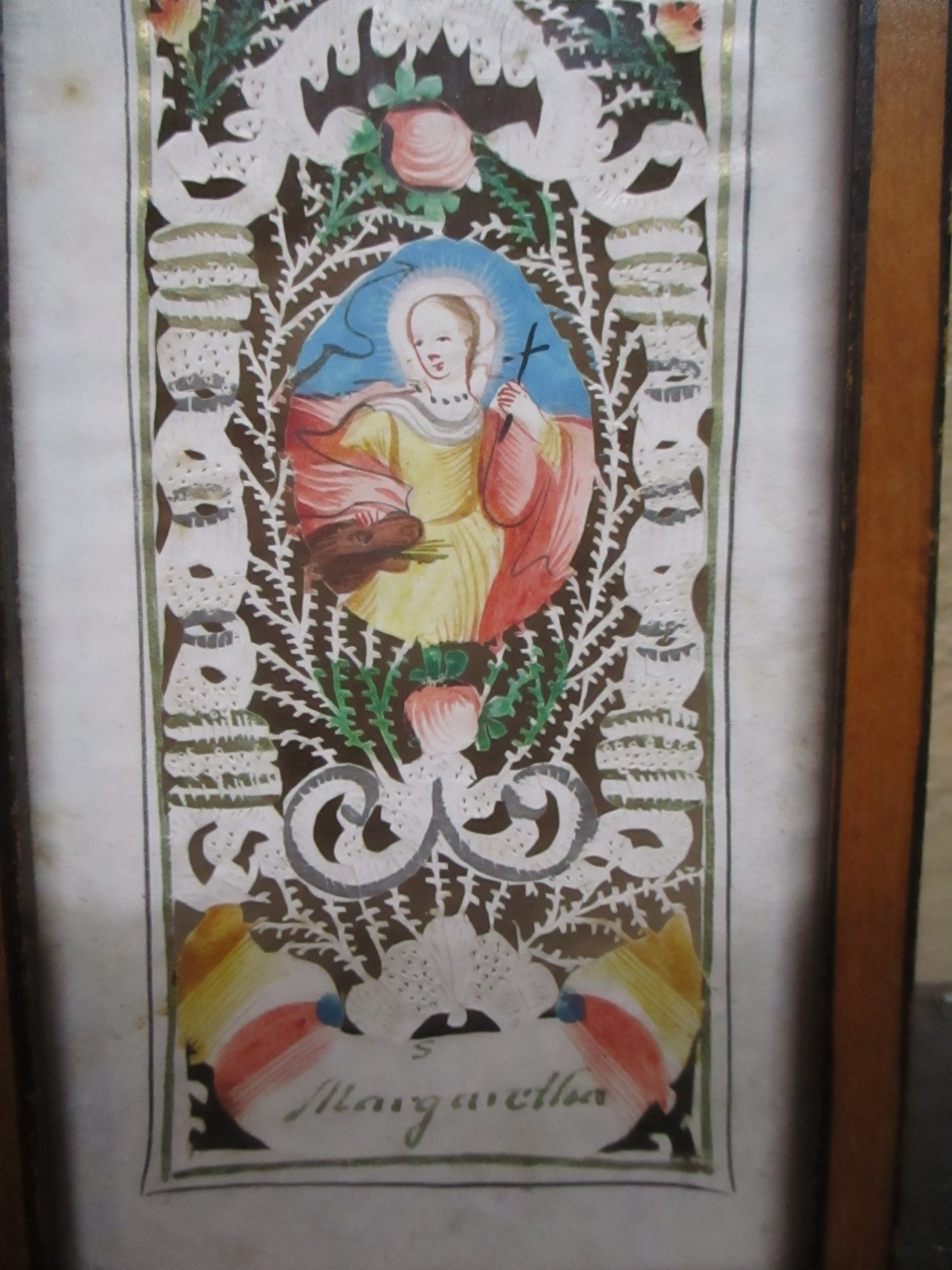 Antique Scherenschnitte 18thc Hand Cut & Painted Margarettia 5 3/4″ x 4 1/4″