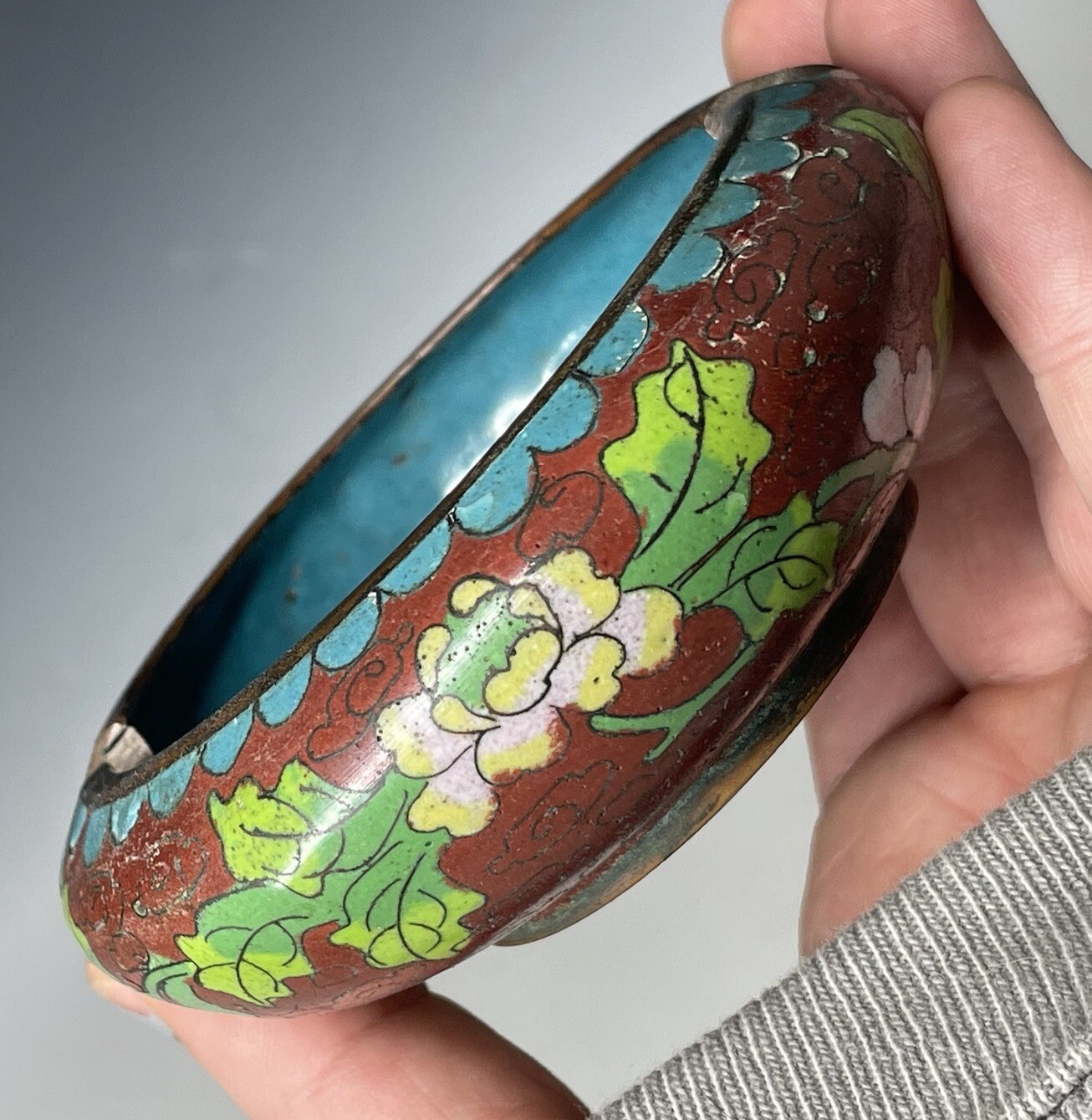 Antique Pre 1920 Chinese Red Cloisonne Enamel Ashtray Cigarette Republic Period