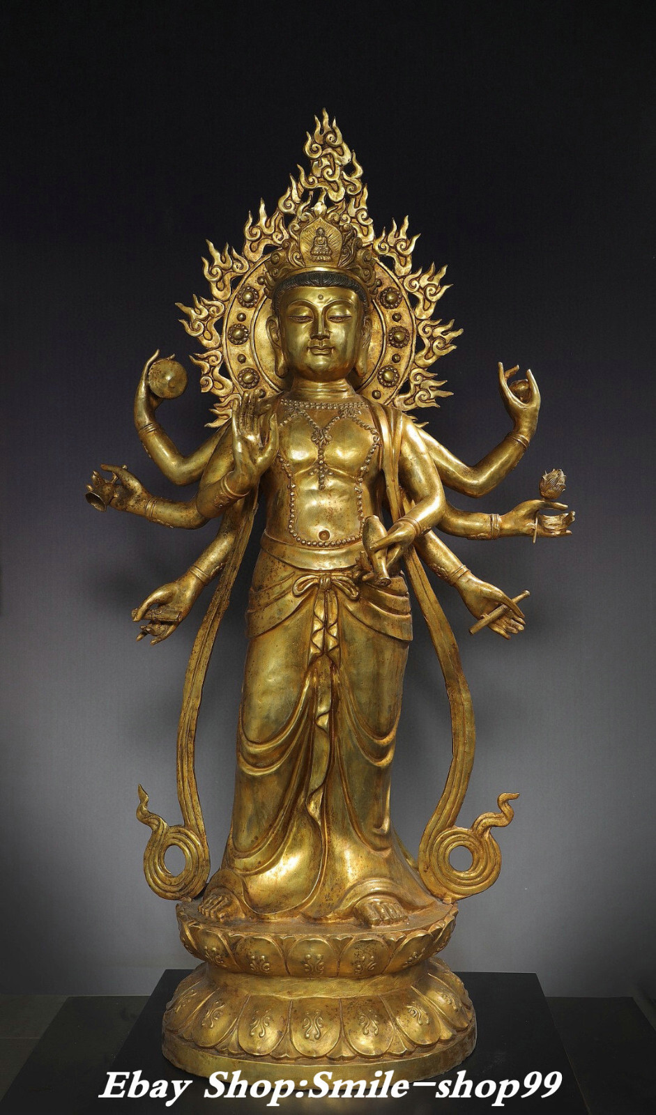 Huge Tibet Pure Bronze Gild 8 Arms Kwan-yin Guan Yin Boddhisattva Goddess Statue