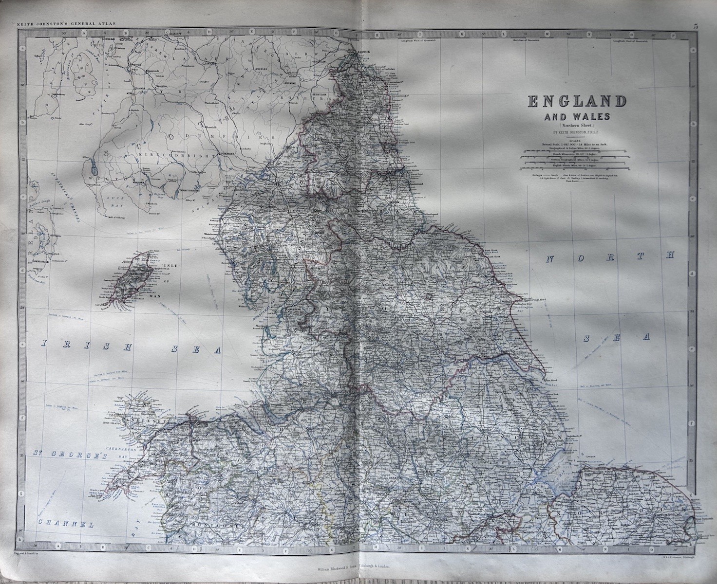 1865 North England & Wales Large Hand Coloured Original Antique Map by Johnston