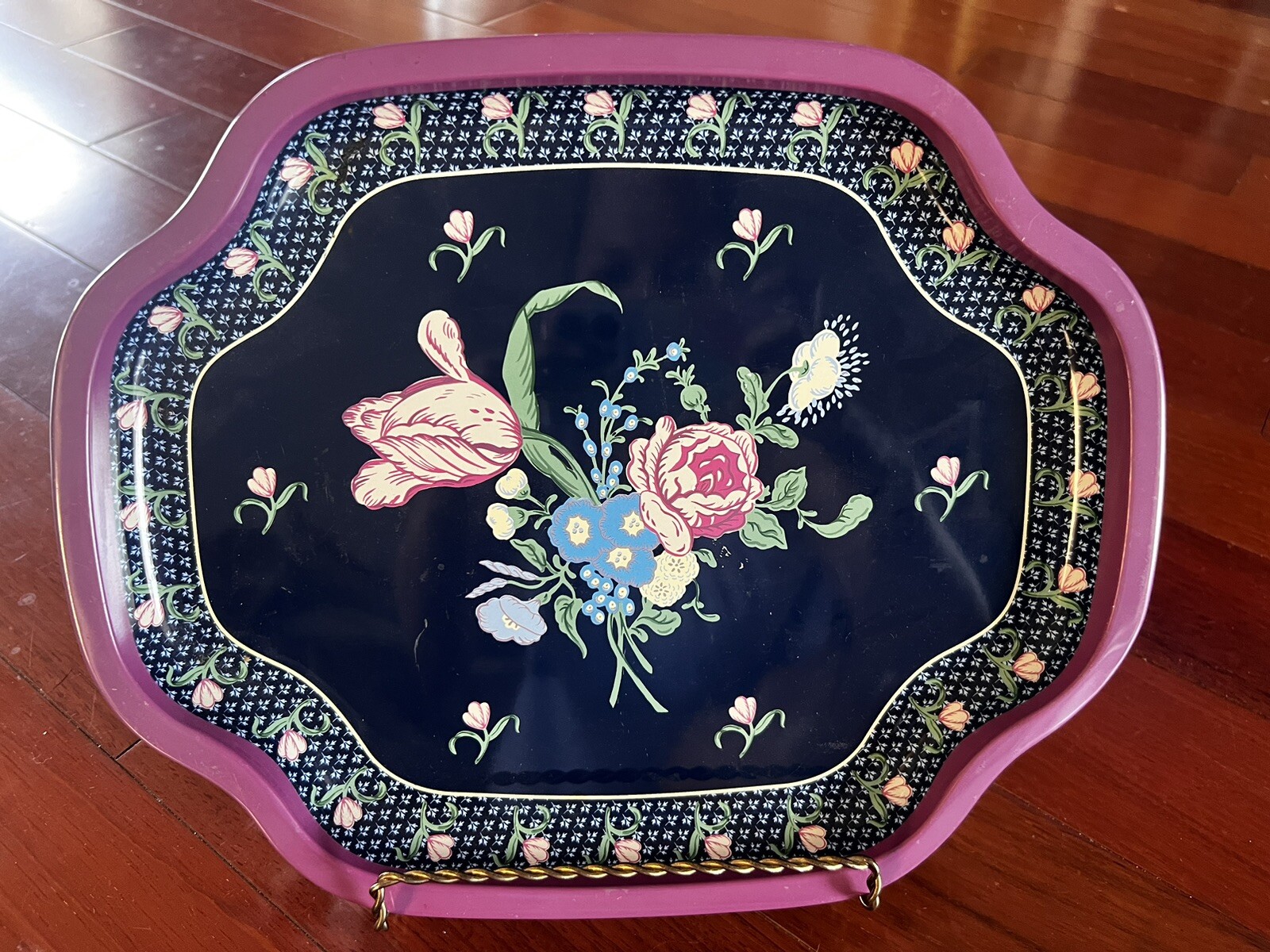 VINTAGE Floral Metal TRAY England Tin TOLE SERVING Platter Flowers ENGLAND