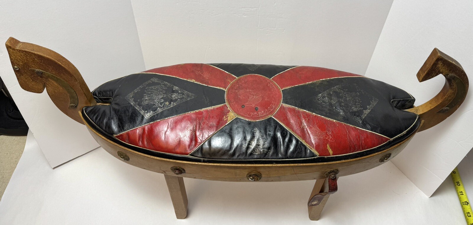 Vtg MCM Black Red Camel Saddle Carved Wood Foot Stool Ottoman Egyptian Decor 31”
