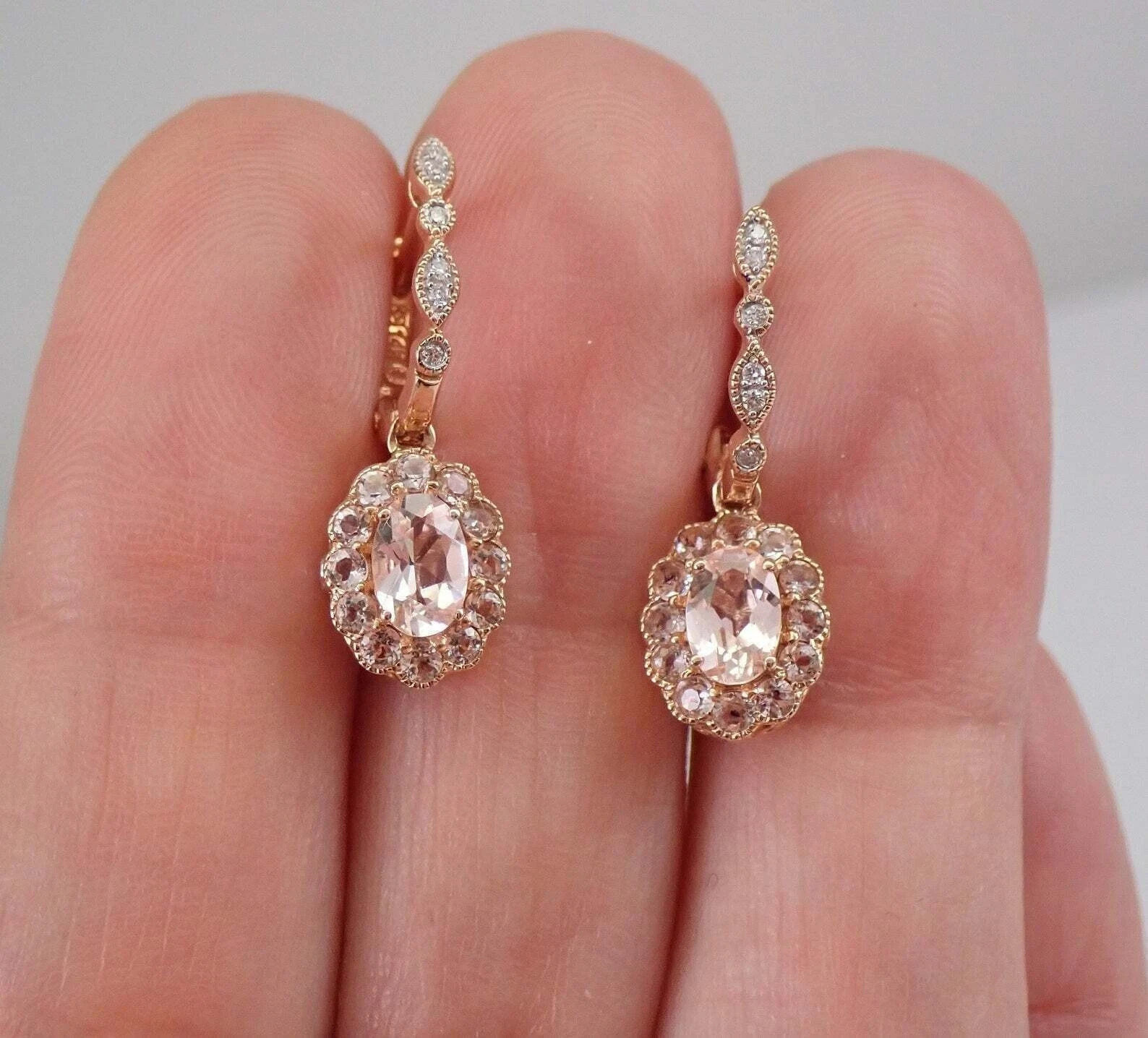 2.40Ct Oval Cut Lab Created Morganite Drop/Dangle Earrings 14K Rose Gold Plated