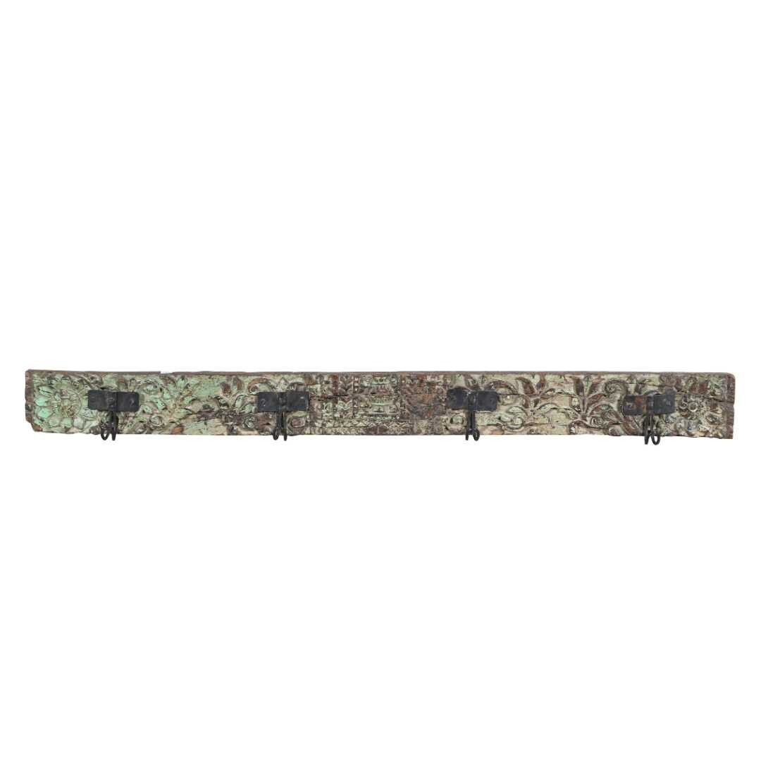 Antique Verdigris Green & Rustic Brown Teak Coat Hook Panel 104cm Hand-Carved