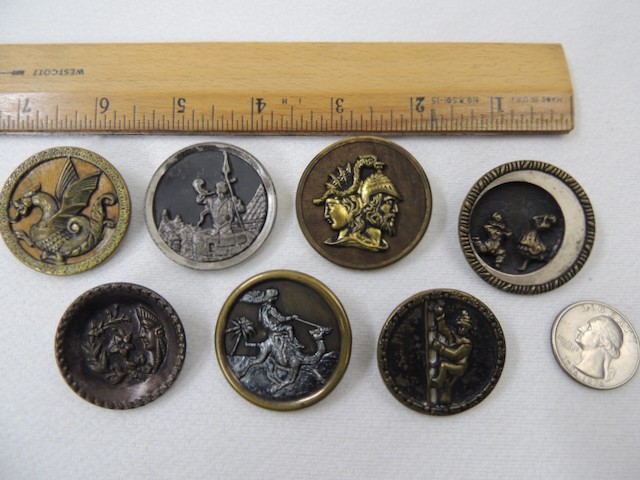 (7) Large Antique Victorian Brass & Metal Picture Scene Buttons 1-1/4 to 1-1/2″