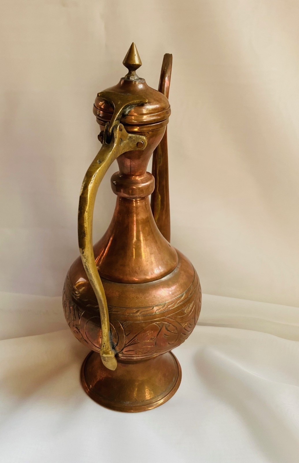 Vintage Islamic Middle Eastern Hand-forged and Engraved Copper Rosewater Ewer