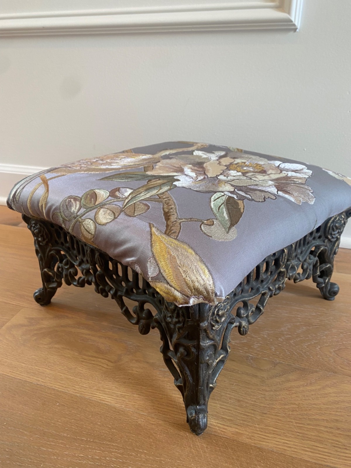 Cast Iron Victorian Footstool Vintage Embroidered Silk Chinoiserie Fabric Peony