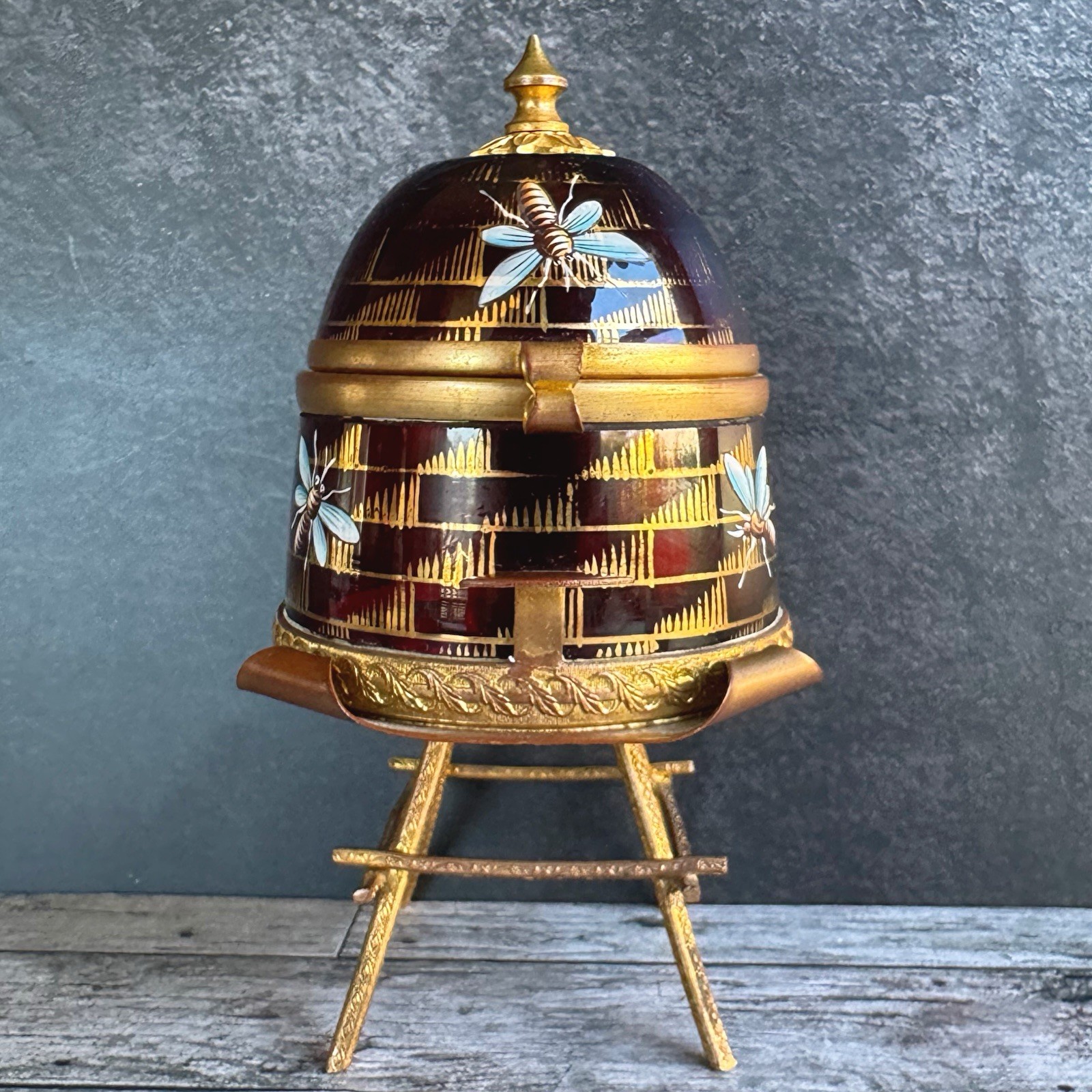 Antique Bohemian Enameled Glass Beehive Honey Pot Gilt Stand 7”