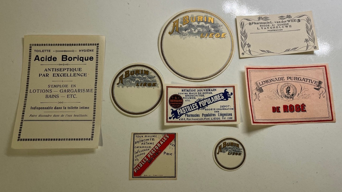 8 Different Vintage Ornate Old Pharmacy Medicine Apothecary Labels Belgium