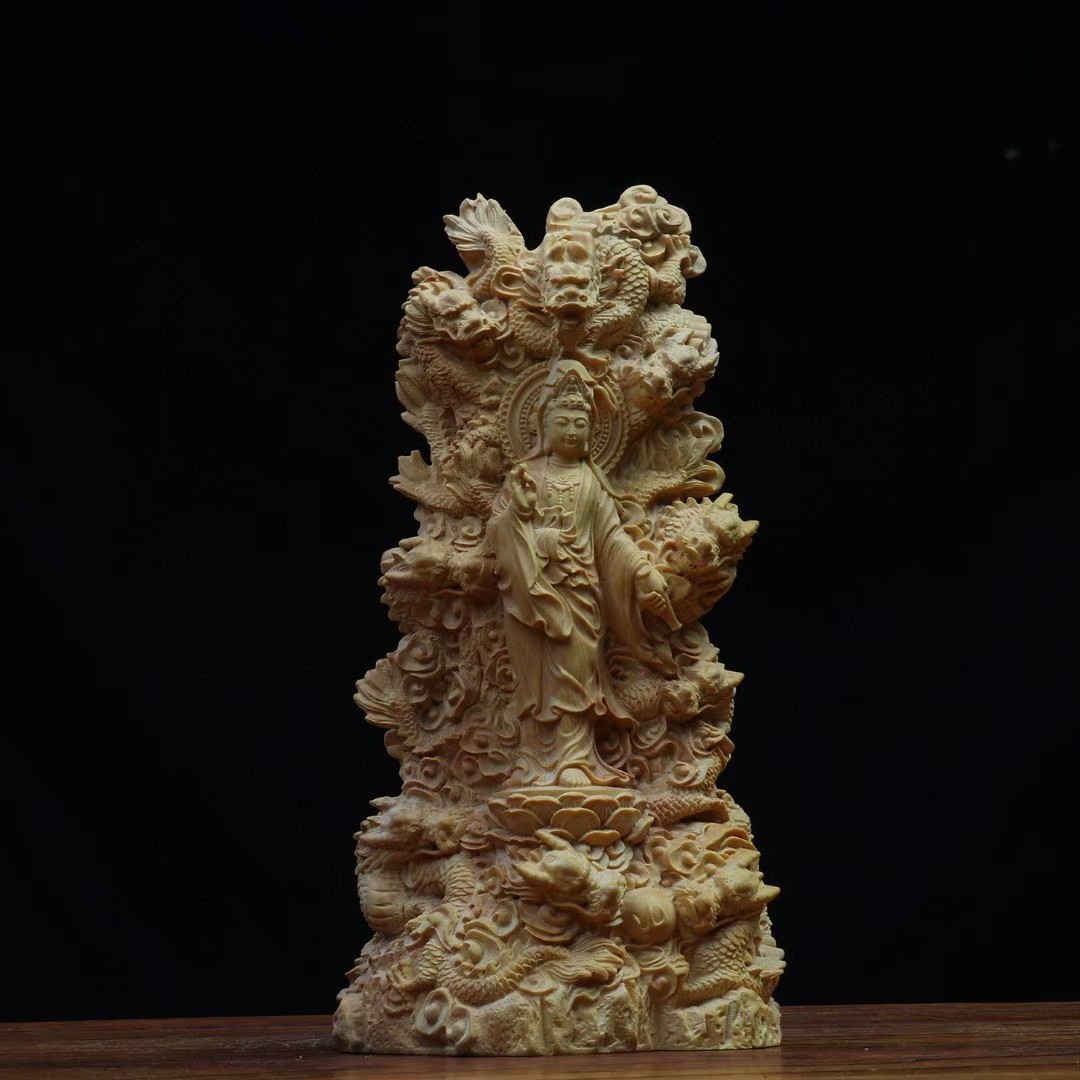 Chinese Boxwood Huang-yang Wood Carving Guanyin 9-dragon Statue HUI80104