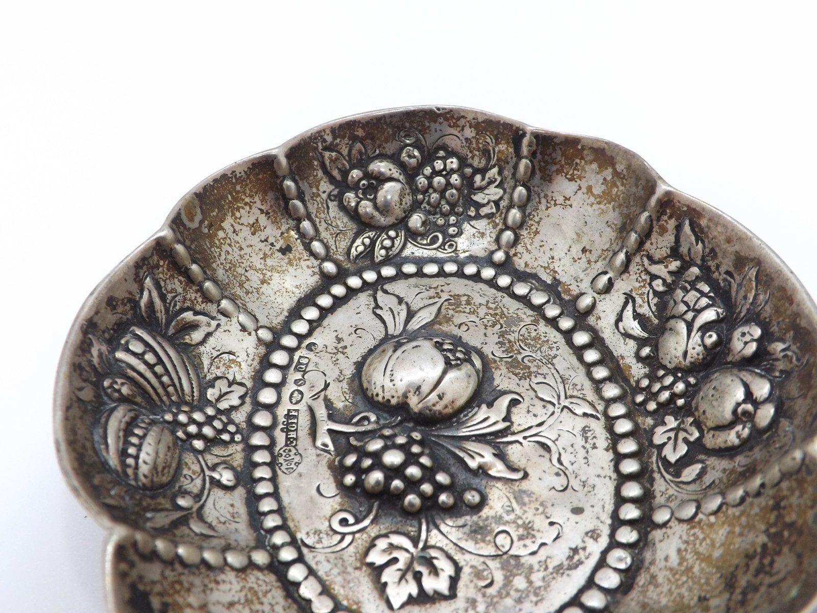 Vintage 800 Silver Repousse Nut Dish Floral & Fruit motif, Carl Hoff Sweden 1942