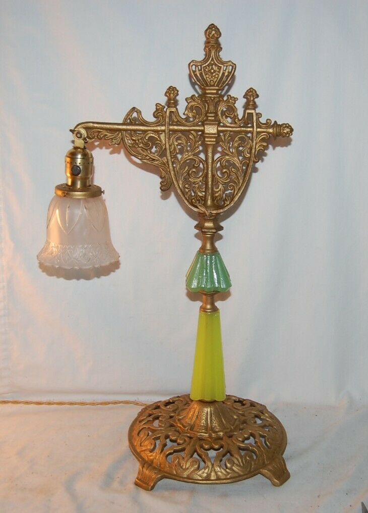 Antique Gold Ornate Jadite Houze Glass and Iron Table Bridge Lamp Refurbished