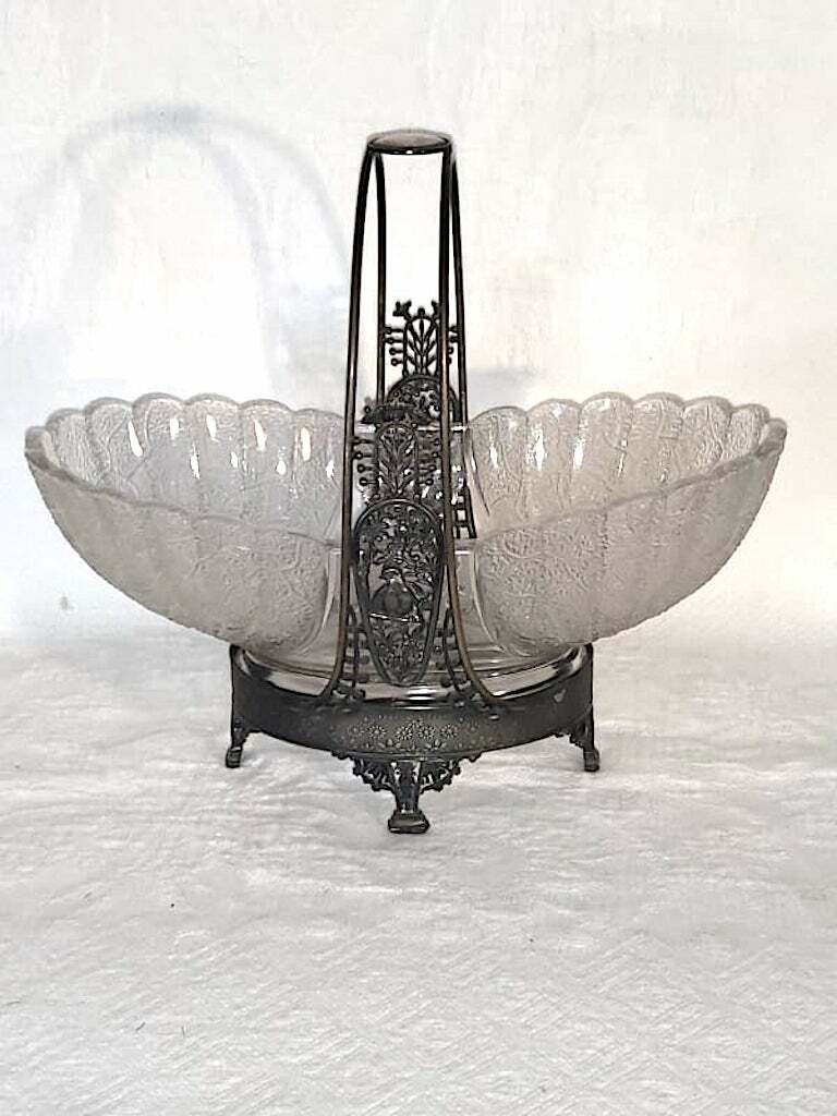 Antique Silver Plate and Bell Tassel And Cross Glass Insert Bride’s Basket