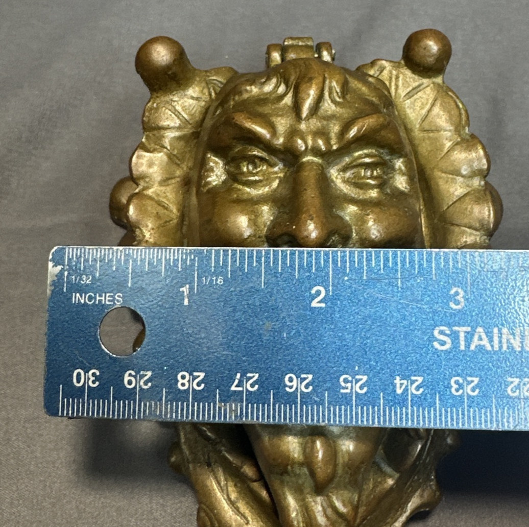 Antique Victorian Brass Grotesque Jester Figural Inkwell w Glass Insert Gothic
