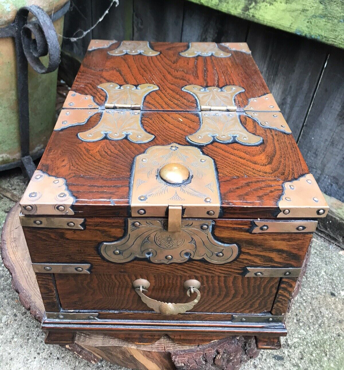 Mirror Vintage Chinese box folding copper wood shaving vanity make-up travel