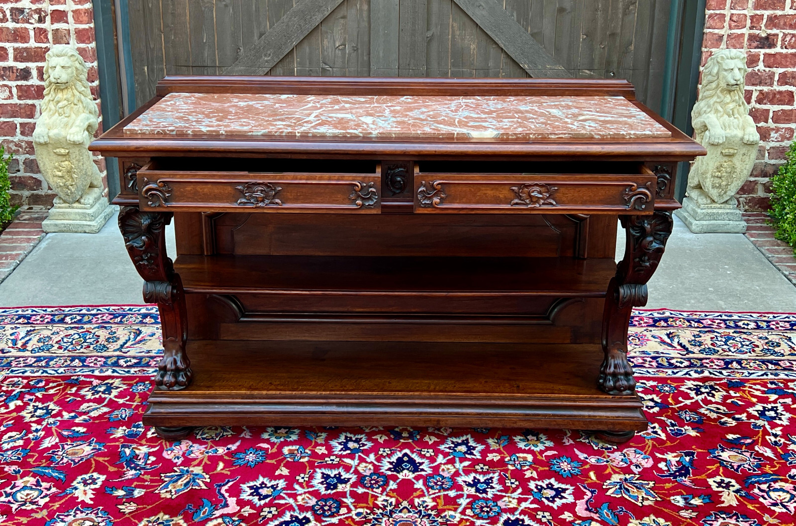 Antique French Gothic Server Sideboard Console Table 2-Tier Walnut Marble Top