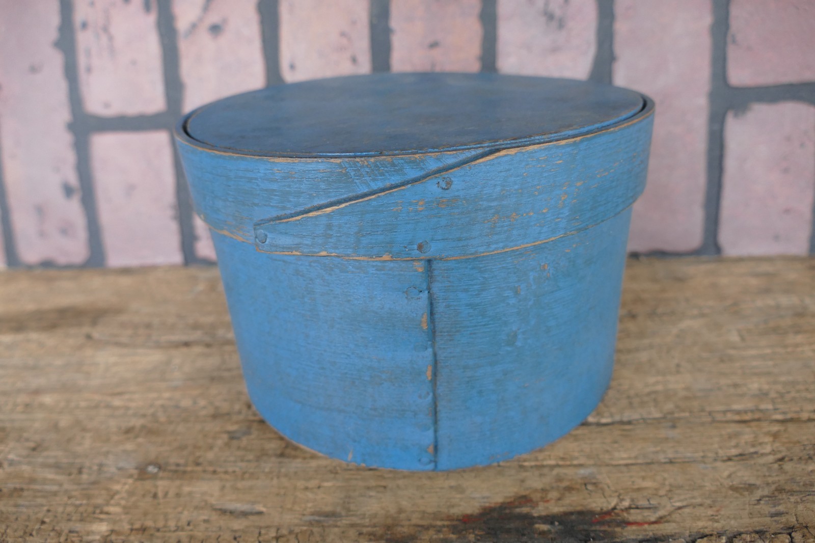 Antique primitive bent wood pantry box robin’s egg blue 19th c 7 1/2 dia. X 5 “