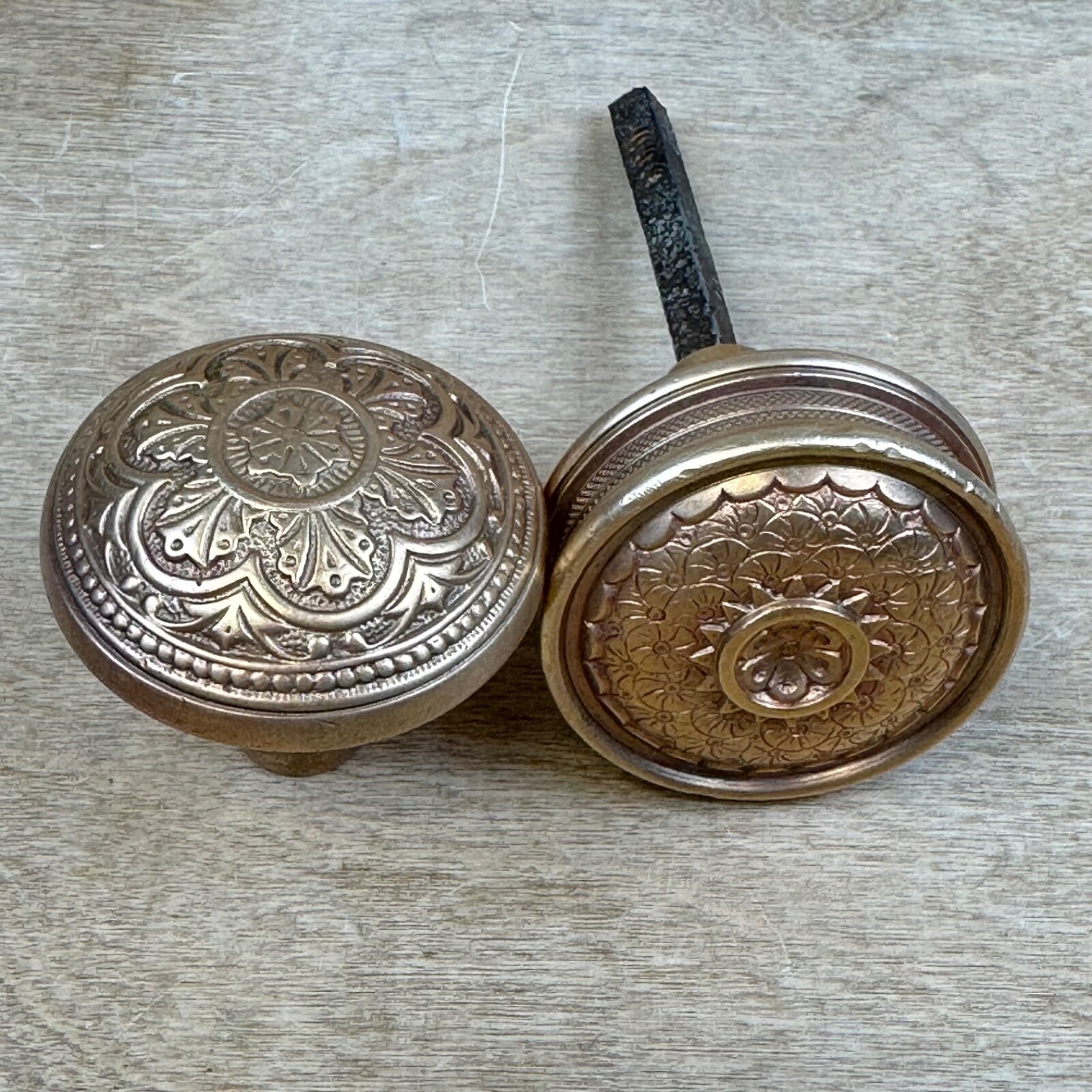 Antique Vintage Victorian Ornate Copper Door Knobs & Brass Turnkey? POLISHED