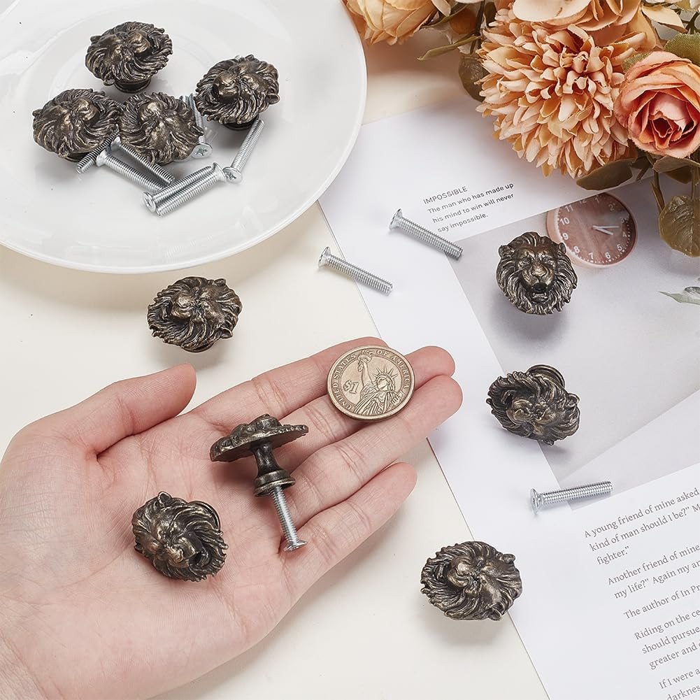 6 Pcs Vintage Lion Cabinet Knobs Antique Bronze Decorative Drawer Pulls for D…