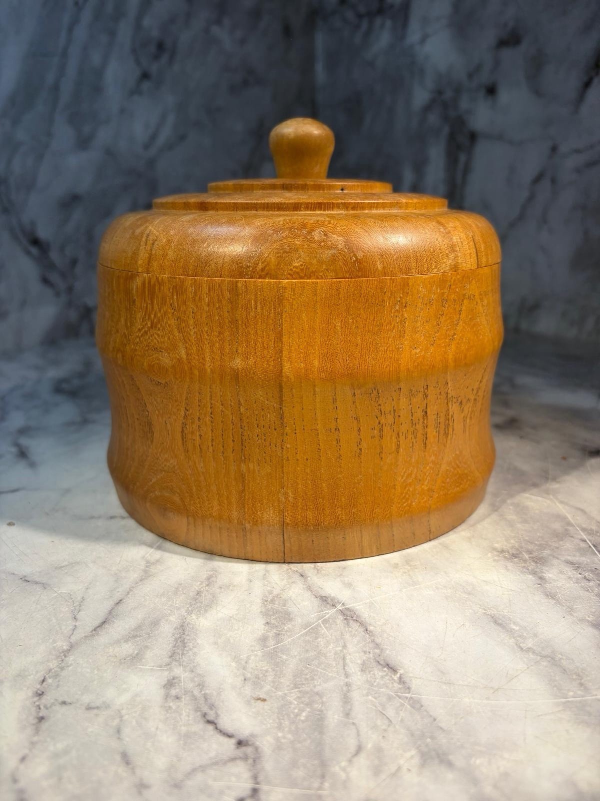 Vintage solid oak hand turned lidded barrel storage container