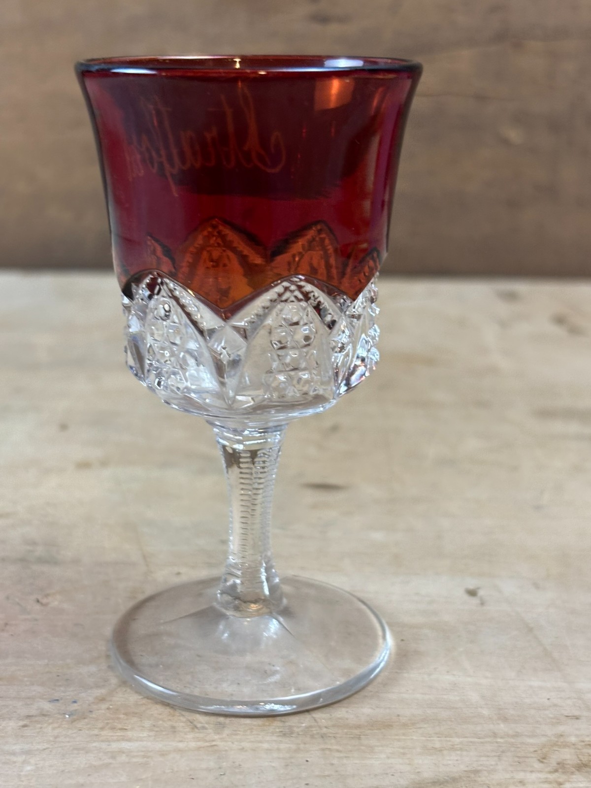 #44G Antique Stratford Ruby Red Flash Souvenir Glass Cut Glass Goblet