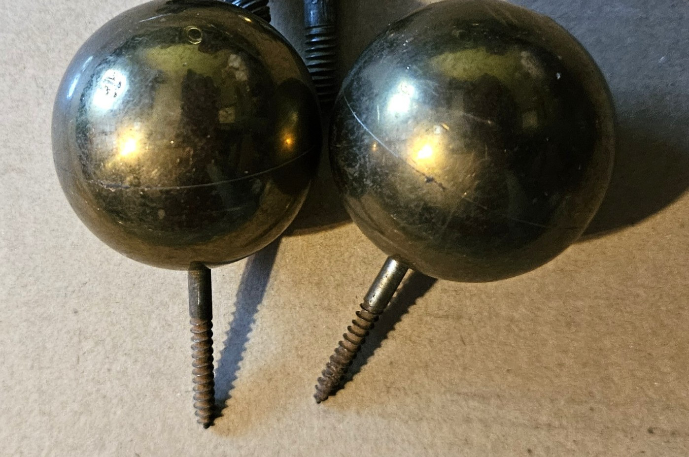 Vintage 2 Round Hollow Brass Balls with screw end 1.5″ tall x 5.75″ dia