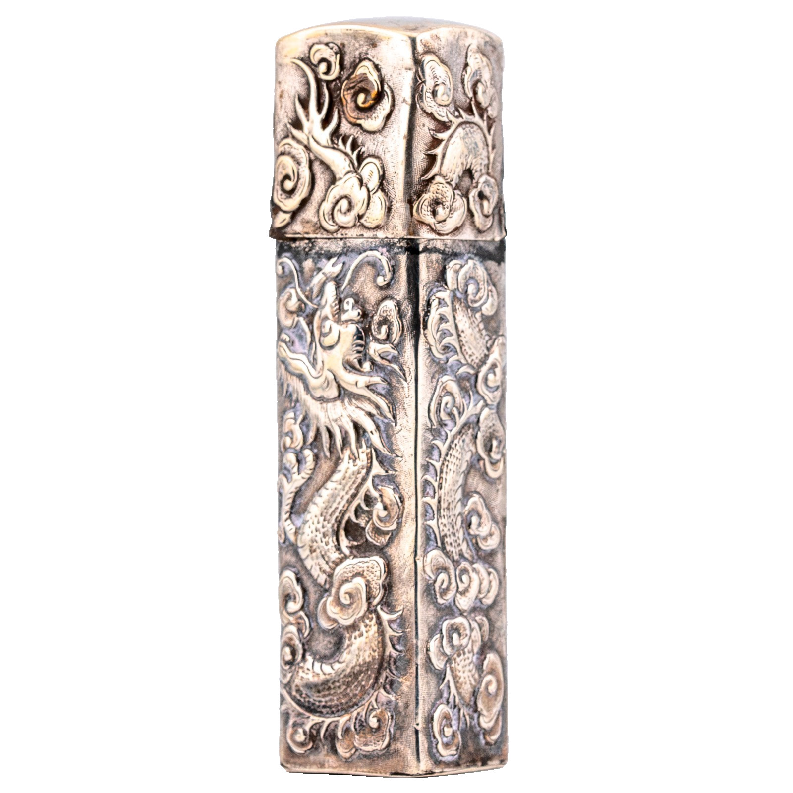 Chinese Solid Silver Dragon Pearl Case Box Qing Marked Canton Late 19th C