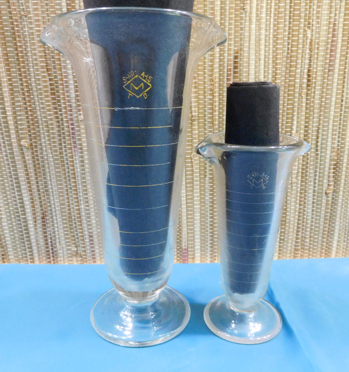 Set/2~Antique Vtg Glass Pharmacy Beakers John M Maris Hand Etched-Footed-4 & 1oz