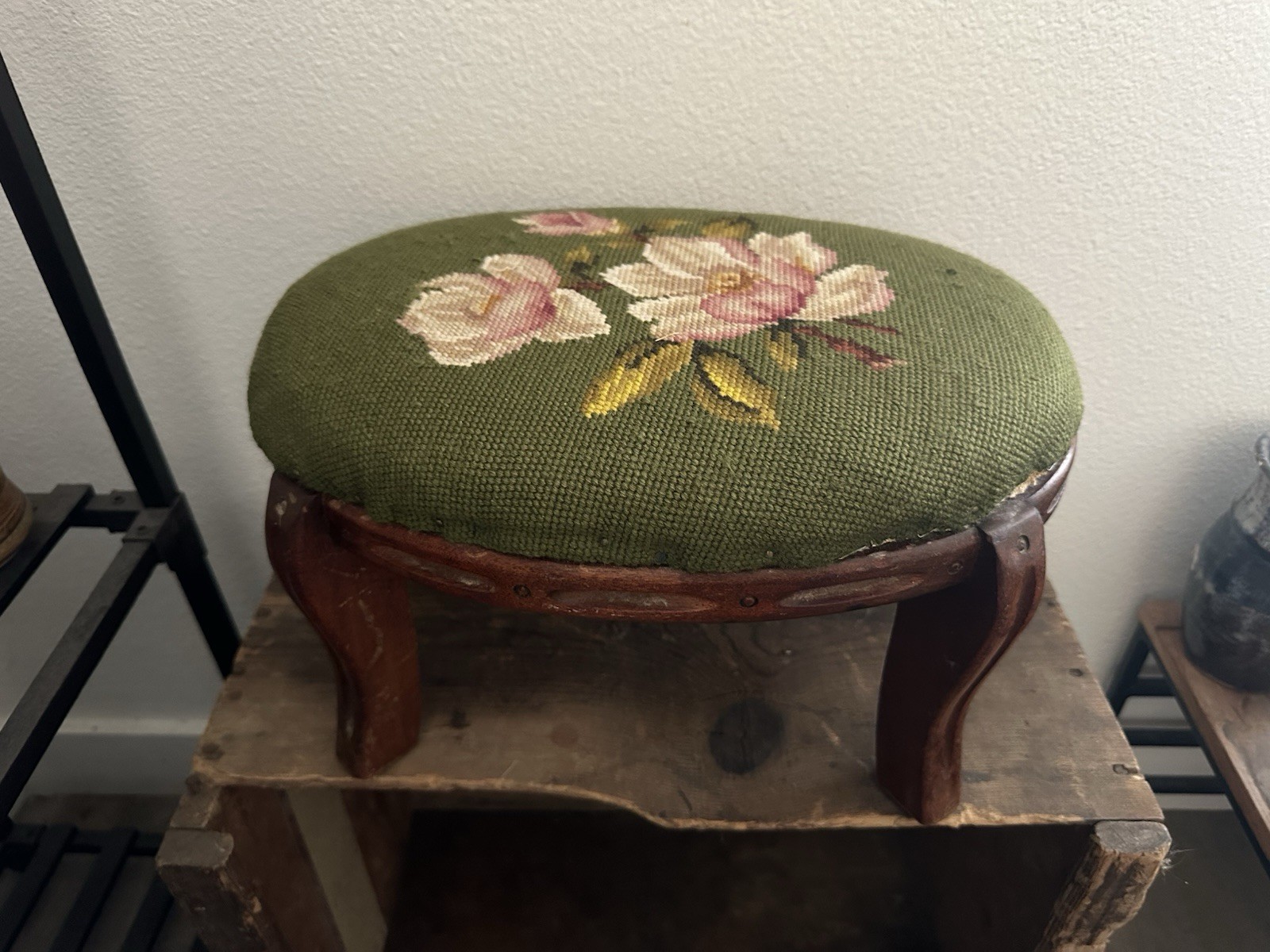 Vintage Needlepoint Footstool Floral Embroidery Wood Legs Oval Stool