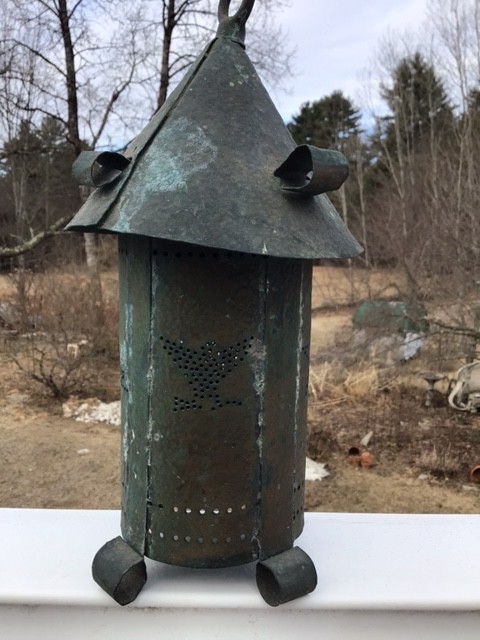 100 year old folk art pierced & hammered copper pendant light w/ old socket