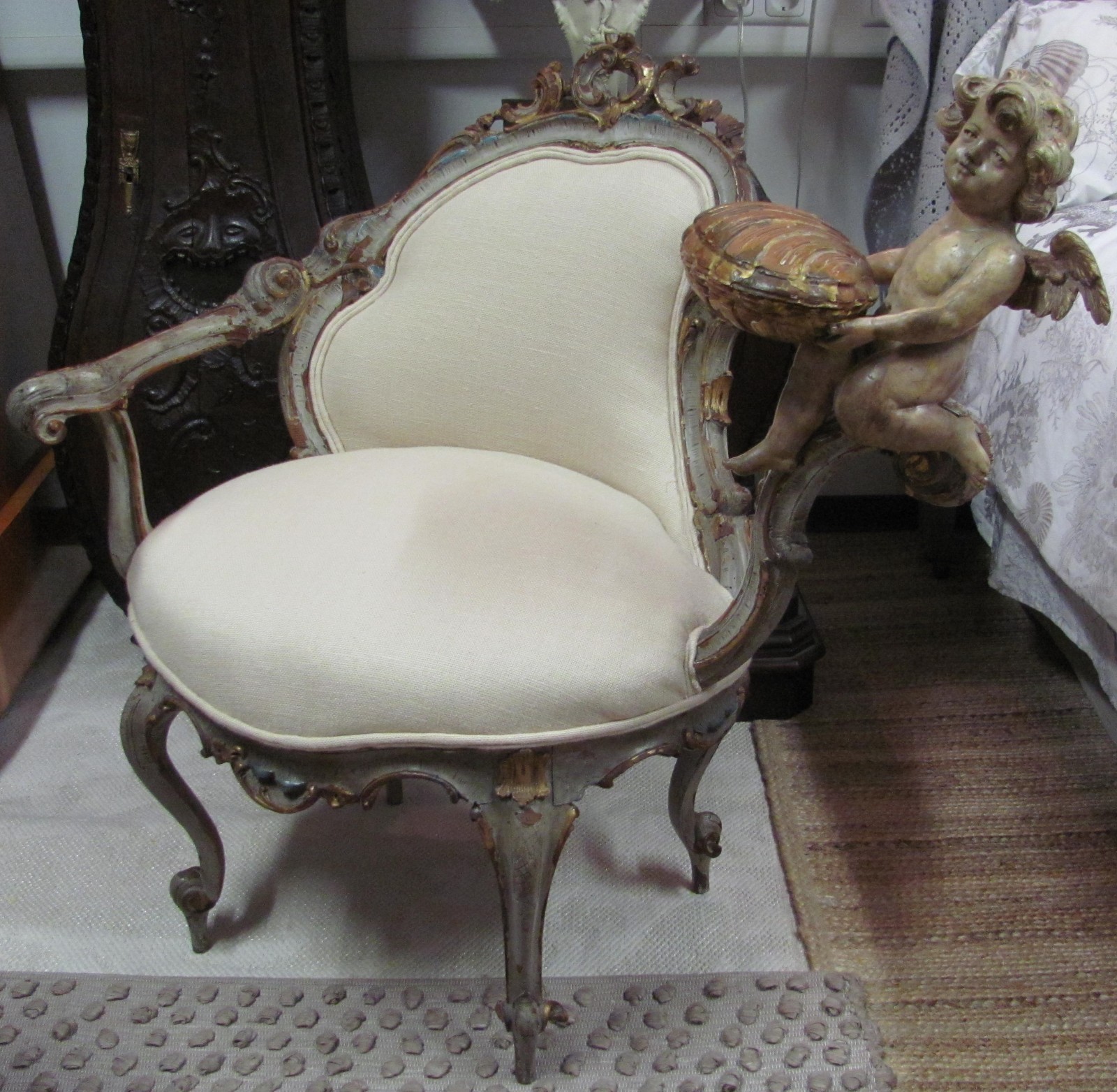 Shabby Chic Venetian Baroque Revival Chair w/ Cherub & Gilded Clam Circa 1850