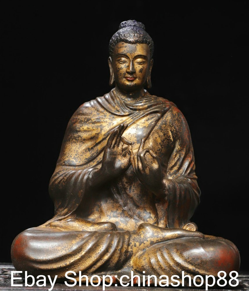 11.2″ Old Chinese Bronze Gilt Feng Shui Seat Shakyamuni Amitabha Buddha Statue