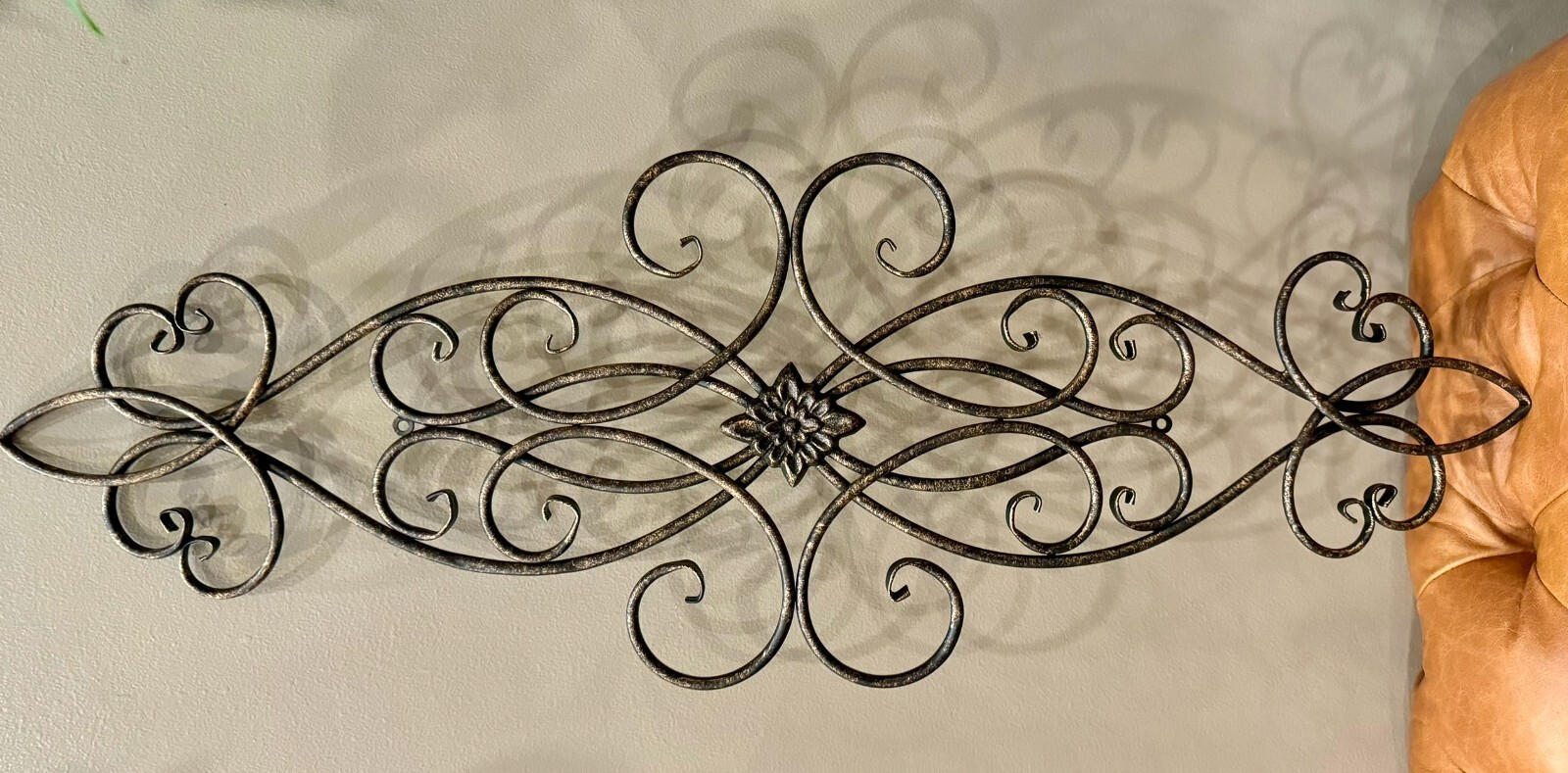 Vintage Metal Wrought Iron Scroll Wall Art Pediment Medallion Gold-Bronze 37×13