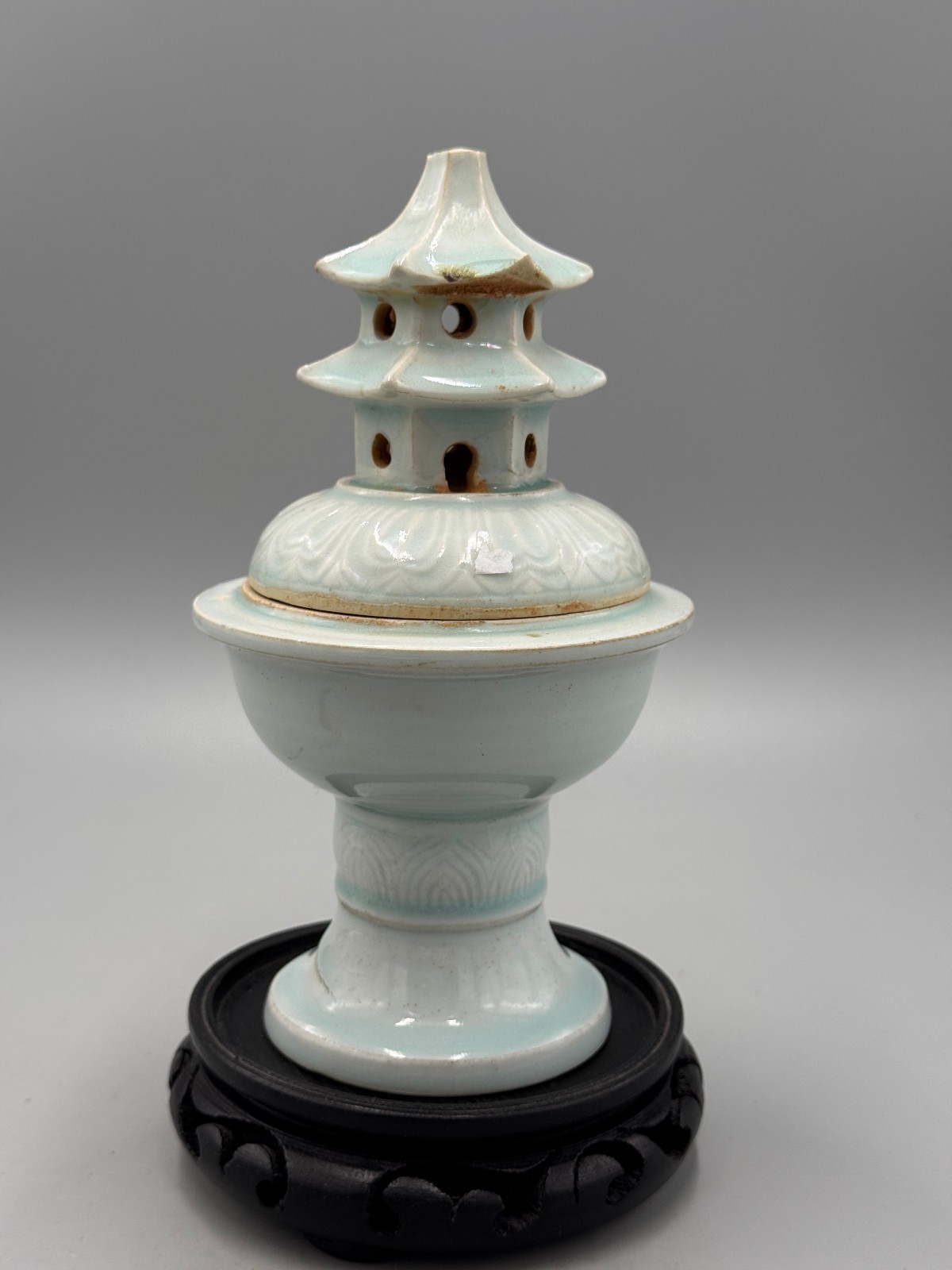 Antique Chinese Qing Qingbai Ware Pagoda Incense Burner Carved Floral Motifs