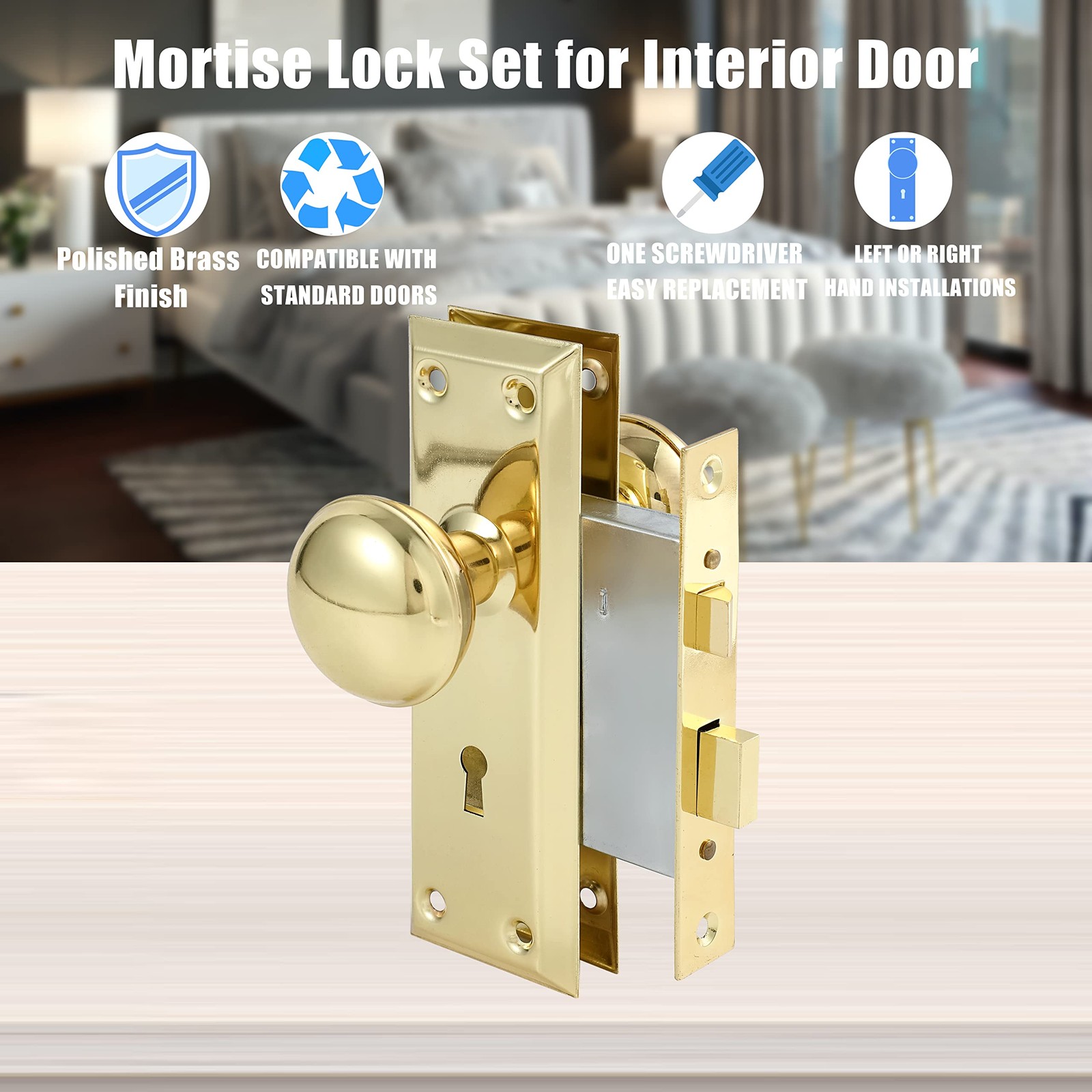 Toptotoo Mortise Lock Set for Interior Door, Mortise(1 Pack), Polished Brass