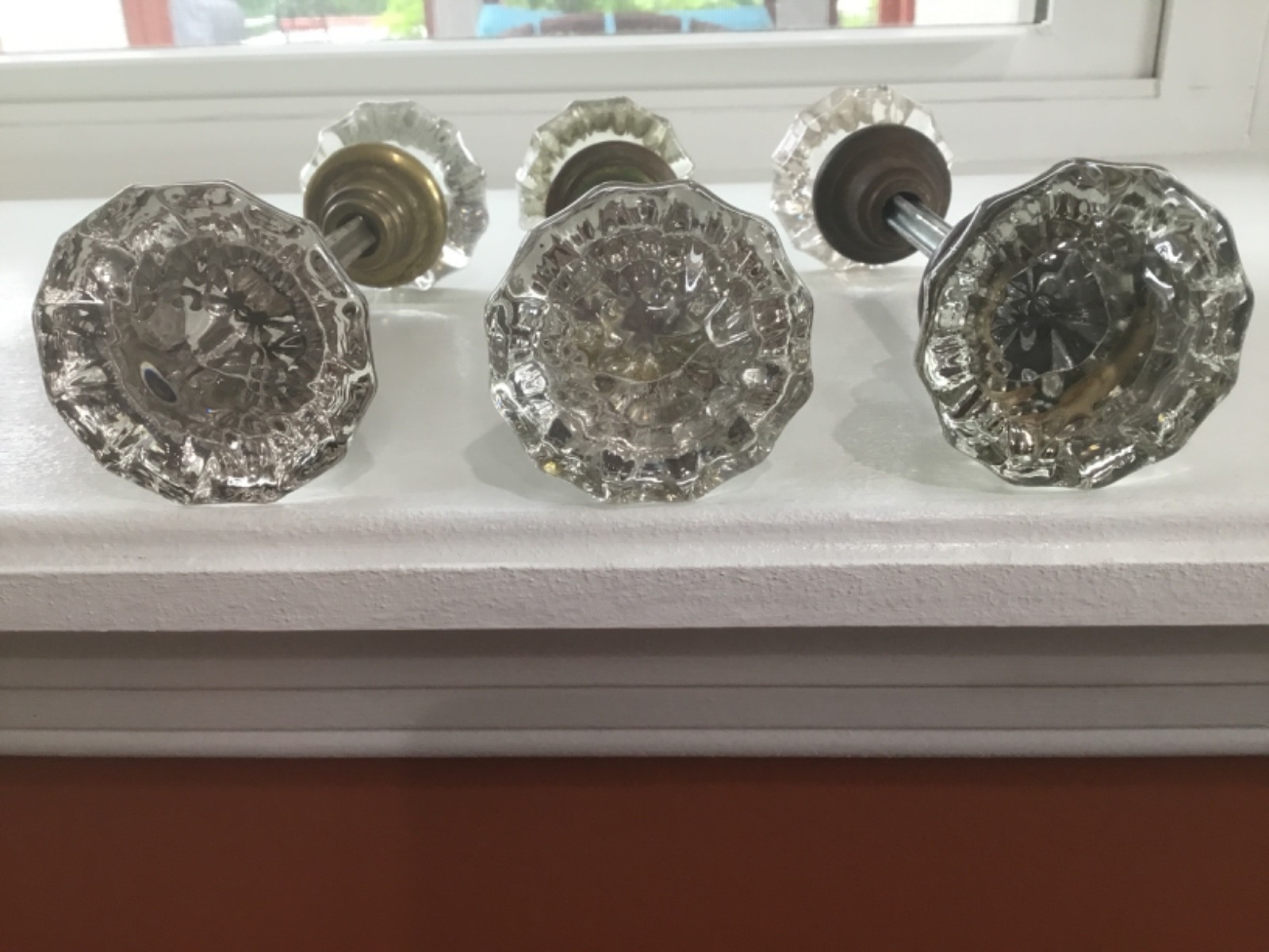 Set of 3 Vintage 1940s Art Deco Clear Glass & Brass Door Knobs w/ shafts